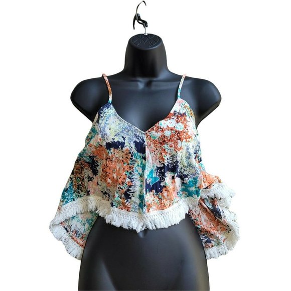 Sucre Collective Floral Crop Top Spaghetti Cross Back Strap Size Small Midriff - Picture 5 of 8